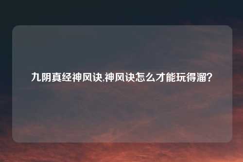 九阴真经神风诀,神风诀怎么才能玩得溜？